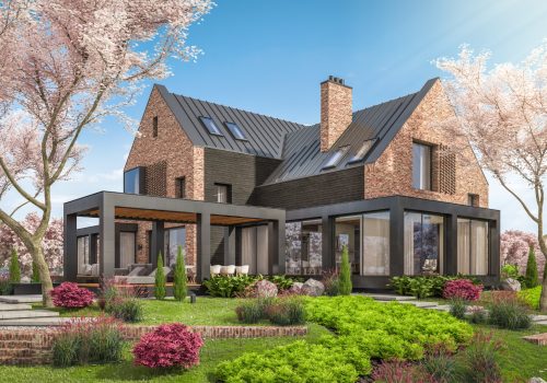 Modernes, gemütliches Klinkerhaus mit modernem Steildach an den Teichen mit Garage und Pool zum Verkauf oder zur Miete. Frischer Frühlingstag mit blühenden Bäumen mit Sakura-Blumen im Hintergrund.