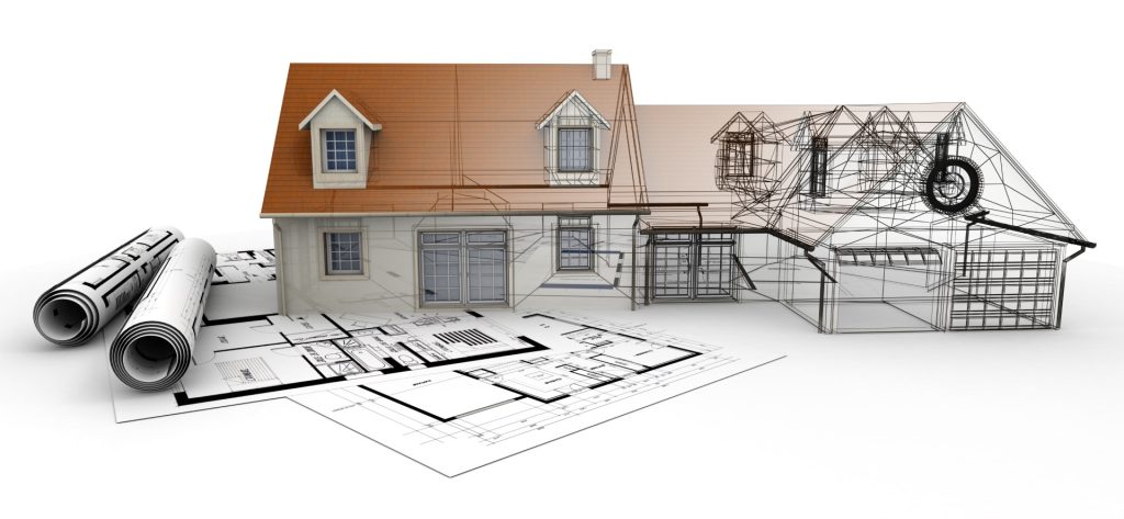 3D-Rendering eines Hausprojekts auf Blaupausen, das verschiedene Entwurfsphasen zeigt