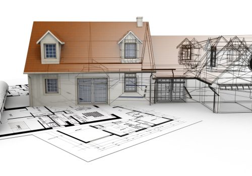 3D-Rendering eines Hausprojekts auf Blaupausen, das verschiedene Entwurfsphasen zeigt